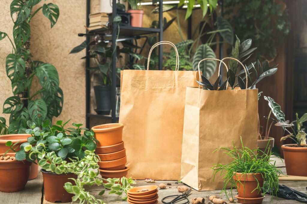 Plants packed in the paper bags for delivery. Plant shopping. Selling houseplants business